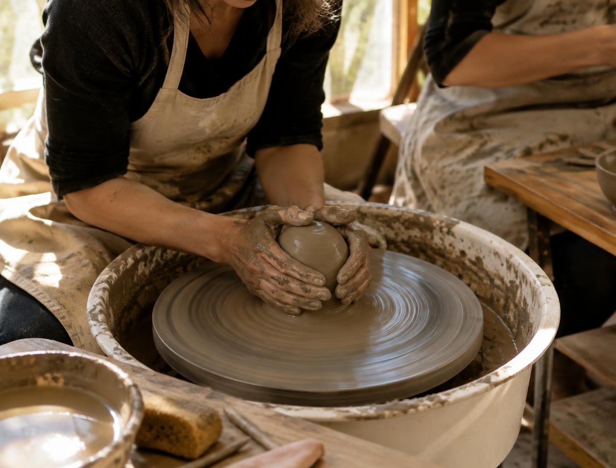 Hands centering clay at the wheel